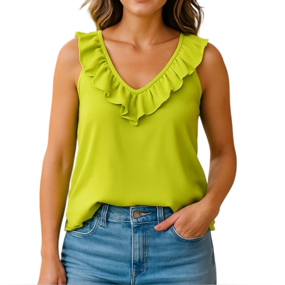 LC Lauren Conrad Women's Lime Green Ruffle V-Neck Sleeveless Loose Top Size S